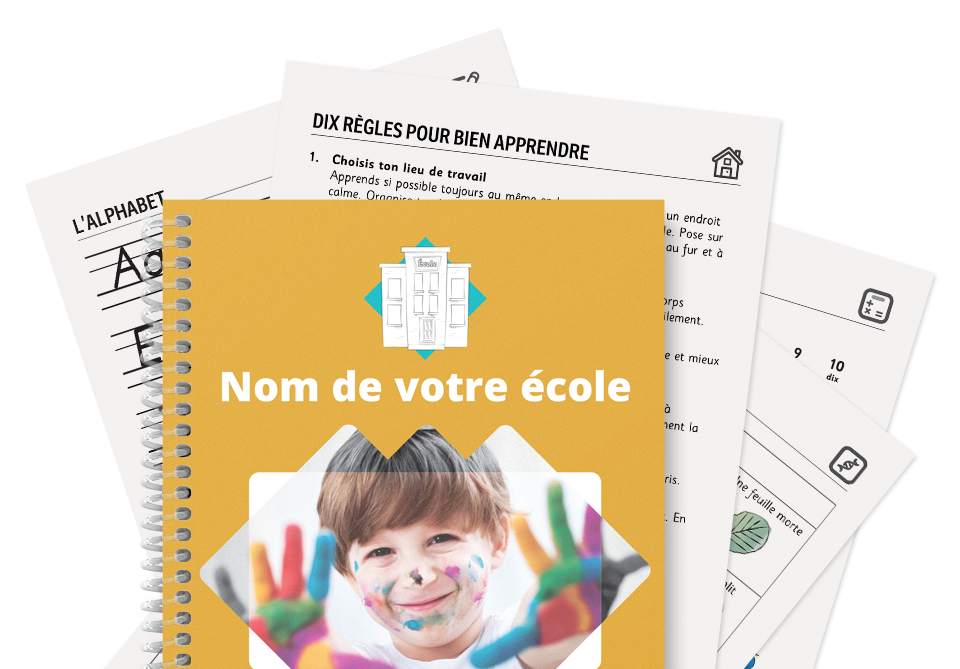 Cahier de liaison à spirale dont la couverture représente un enfant souriant avec de la peinture sur les mains, intitulé Nom de votre école. Derrière ce cahier se trouvent des feuilles d'exercices éducatifs en français sur l'alphabet et les règles d'étude.