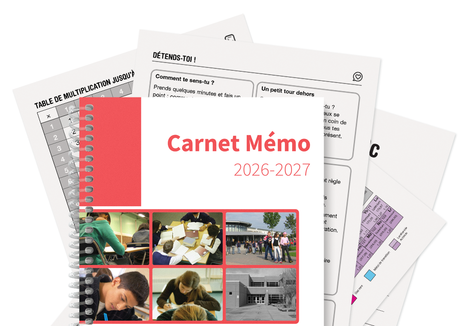 Un carnet d'étudiant français étiqueté Carnet Mémo 2026-2027 avec une reliure à spirale, entouré de feuilles de travail détachées, rappelant les Carnets de correspondance pour le lycée, et illustré de photos d'étudiants en train d'étudier et d'un bâtiment scolaire.