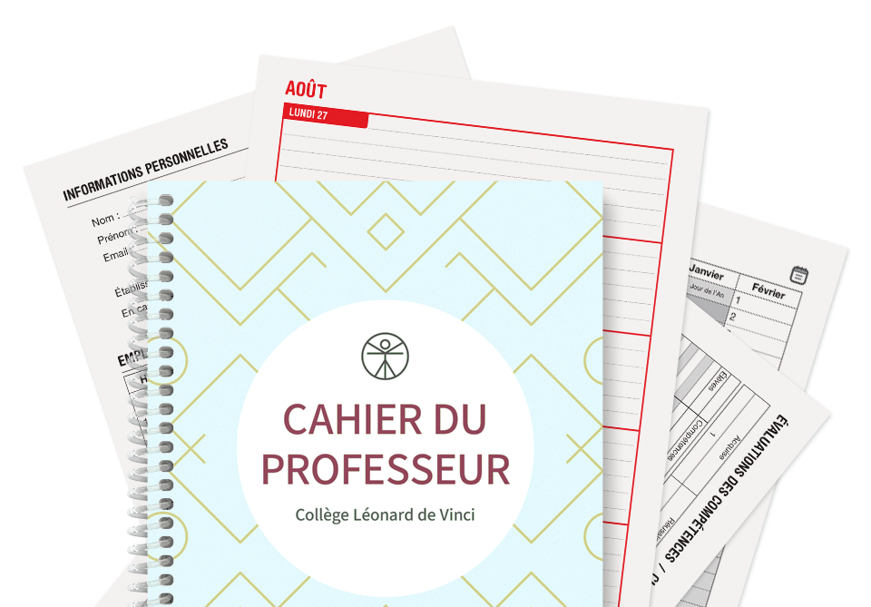 Un cahier du professeur à reliure spirale intitulé Cahier du Professeur Collège Léonard de Vinci est placé au-dessus de plusieurs papiers, dont des emplois du temps et des formulaires en français.