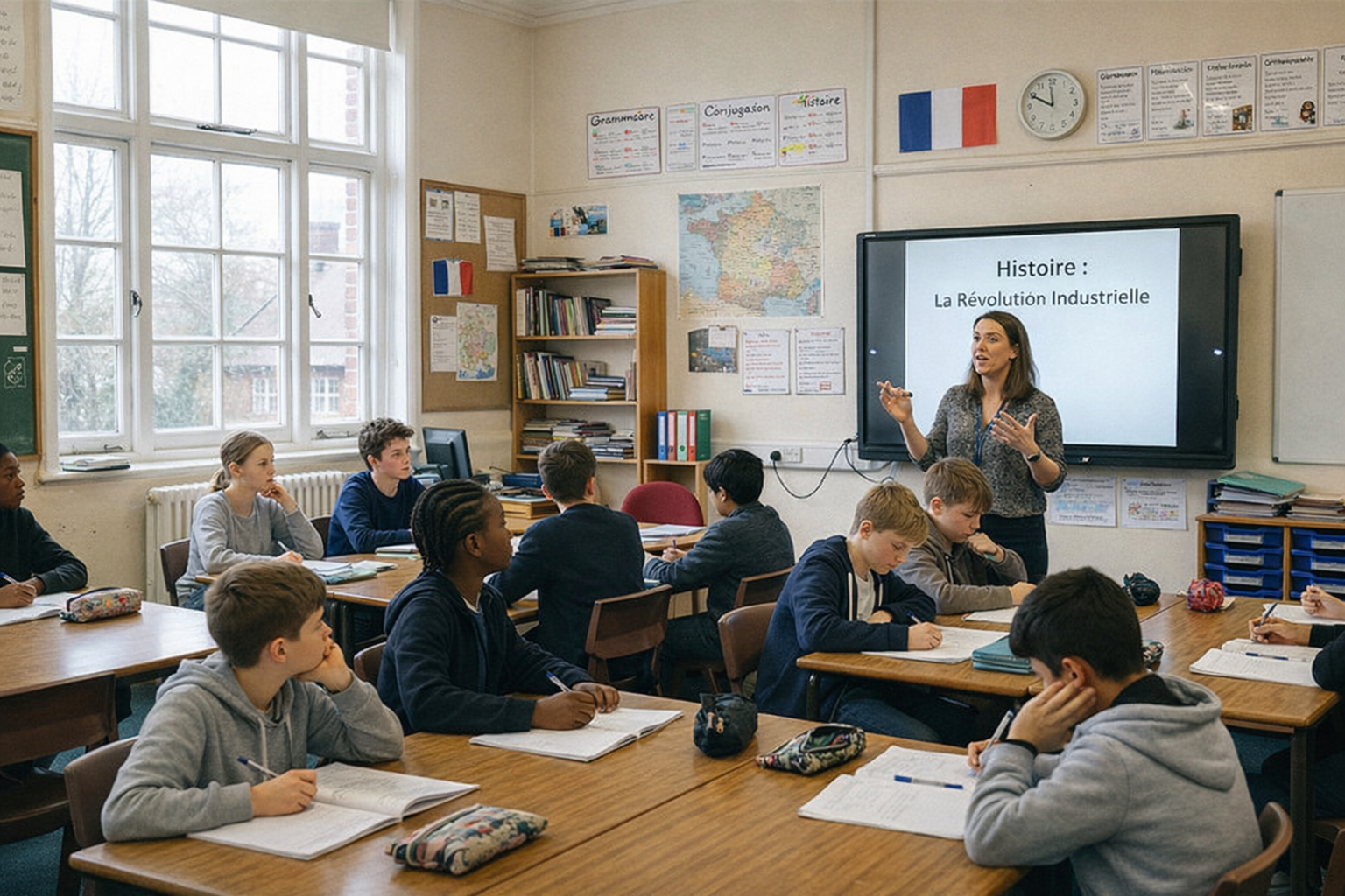 Une enseignante se tient à l'avant d'une salle de classe et fait participer des élèves de SPC éd assis à des pupitres. Derrière elle, un écran affiche Histoire : La Révolution Industrielle, tandis que des affiches et des livres éducatifs remplissent la salle animée.