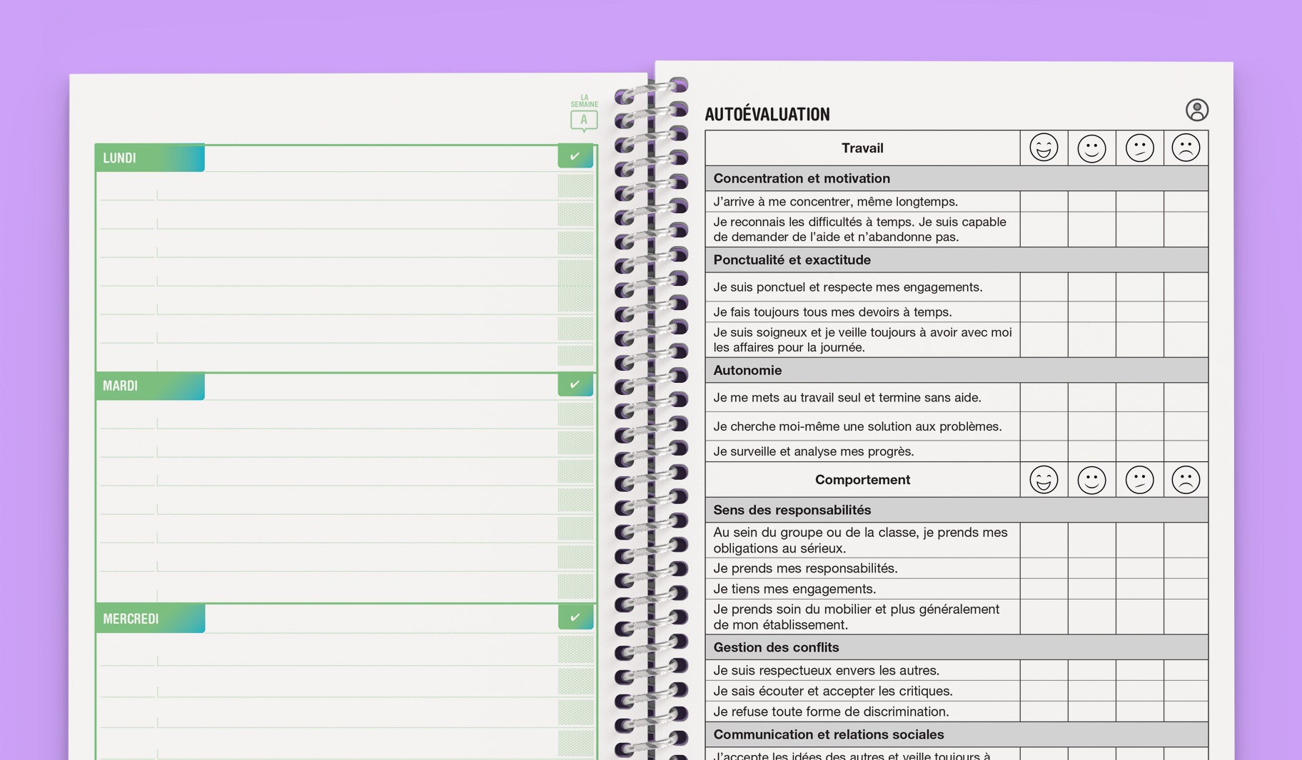 Un espace de planification pour les jours Lundi, Mardi et Mercredi. Chaque jour est représenté par un bloc blanc ligné avec une étiquette de couleur dégradée verte et bleue. Une petite coche verte est visible en haut à droite de chaque bloc.