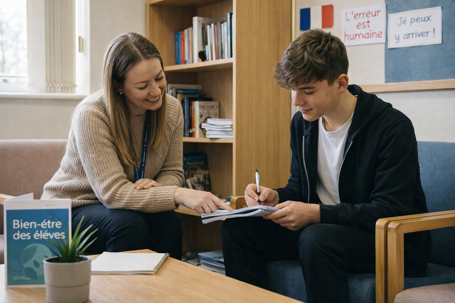Une femme et un adolescent sont assis ensemble dans une pièce confortable. La femme sourit et montre un cahier pendant que le garçon écrit. Des affiches en français, des documents de la CPS éd et un livre intitulé "Bien-être des élèves" sont visibles à l'arrière-plan.