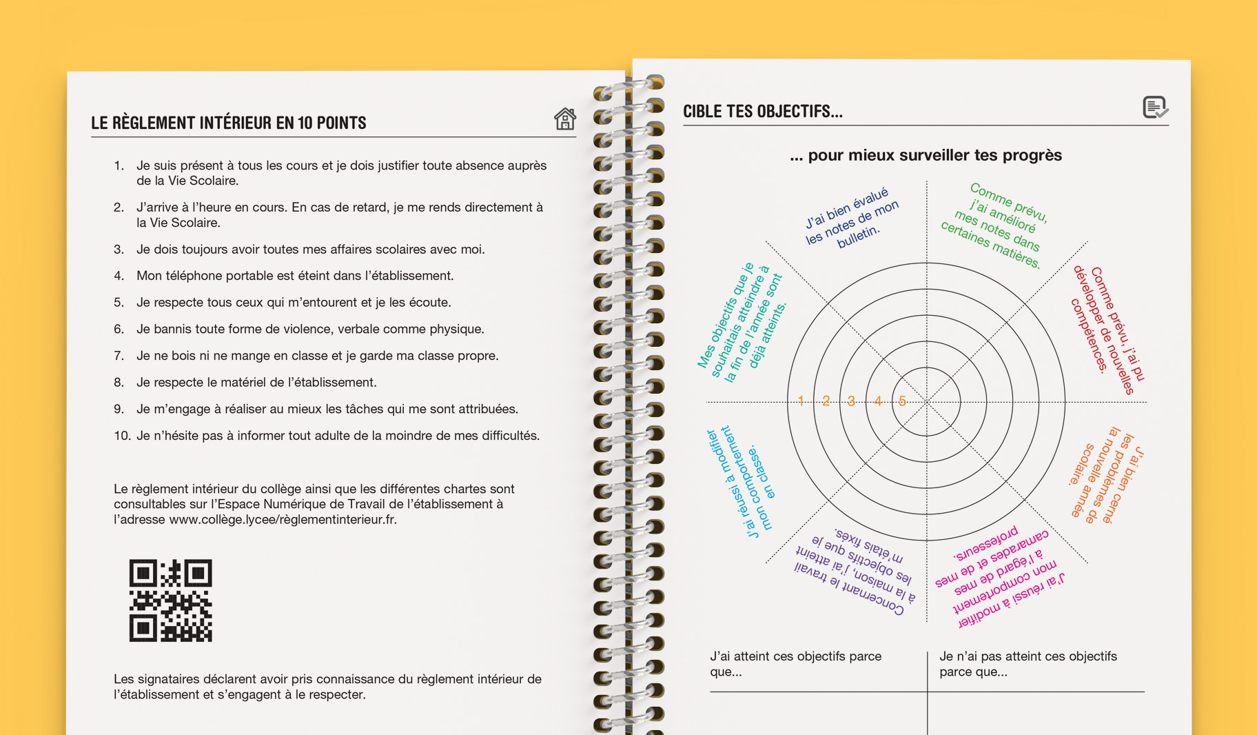 Un carnet à spirales ouvert, ressemblant aux Carnets de correspondance pour le lycée, affiche des pages en français. La page de gauche énumère dix règles de l'école, tandis que la page de droite présente un tableau circulaire de suivi des progrès permettant de fixer des objectifs personnels et d'en assurer le suivi.