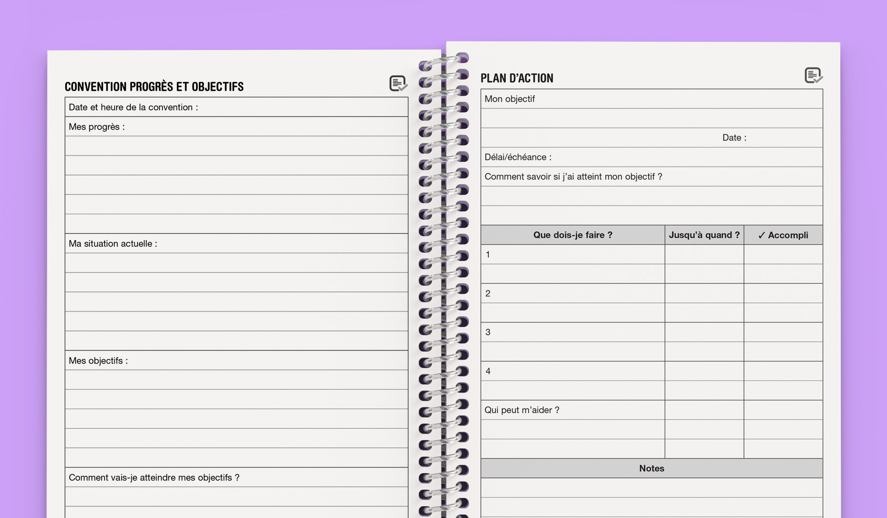 Un carnet à spirales ouvert sur fond violet affiche deux pages en français, inspirées des carnets de correspondance pour le lycée, pour suivre les progrès et établir des plans d'action, avec des sections pour les objectifs, la situation actuelle, les tâches, les échéances et les notes.