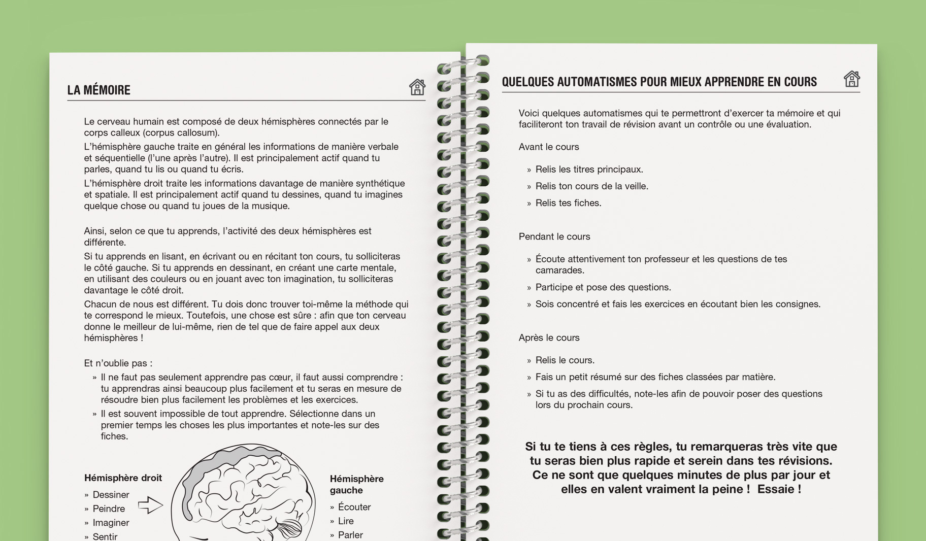 Cahier à spirale ouvert présentant deux pages en français sur la mémoire et les techniques d'étude, à l'instar des guides pratiques que l'on trouve dans les Carnets de correspondance pour le lycée, avec du texte, des puces et un schéma simple des hémisphères cérébraux.