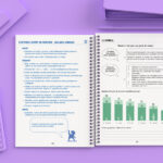 Un cahier à spirales ouvert affiche des textes et des graphiques en français sur la prise de parole en public et le sommeil. Il est posé sur un bureau violet, avec une calculatrice, un carnet et un stylo visibles. La page de droite présente un tableau du sommeil avec des silhouettes.