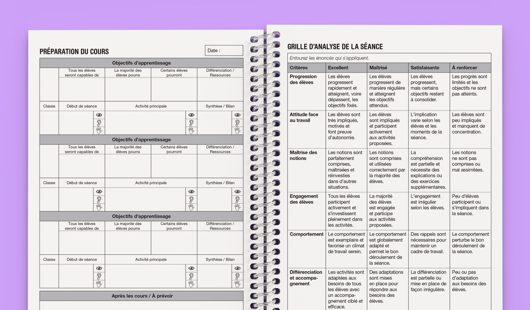 Un cahier à spirale ouvert sur deux pages : la page de gauche est un formulaire de préparation de cours avec des tableaux pour les objectifs d'apprentissage et les activités, et la page de droite présente une grille d'analyse de séance en français - idéale pour les cahiers du professeur - sur un fond violet.