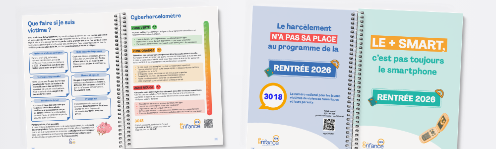 Exemples de ressources de l’Association e-Enfance / 3018 sur le harcèlement, le cyberharcèlement et les usages numériques.
